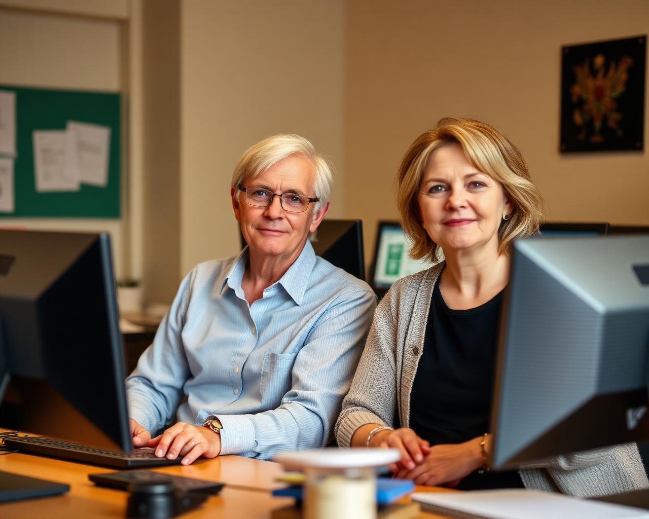 Two ordinary office workers at their desks